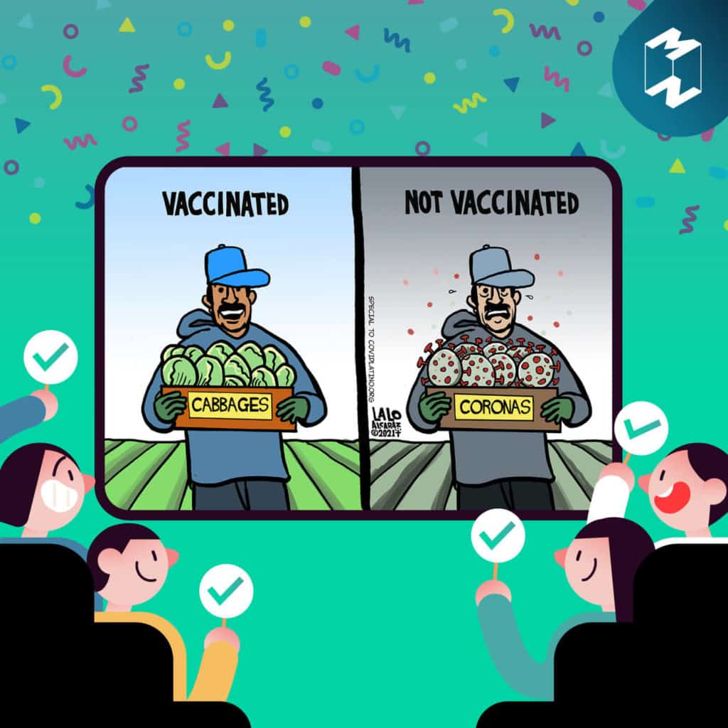 การ์ตูนเปรียบเทียบระหว่างคนที่ฉีดวัคซีนแล้ว (Vaccinated) สามารถกลับมาทำงานได้
ต่างกับคนที่ยังไม่ได้ฉีดวัคซีน (Not Vaccinated)